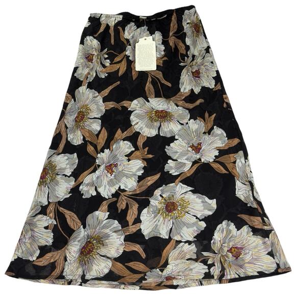 Band Of Gypsies BOG RHO Floral Slip Midi Skirt Black Cream Pull On Size S NEW - Picture 3 of 12